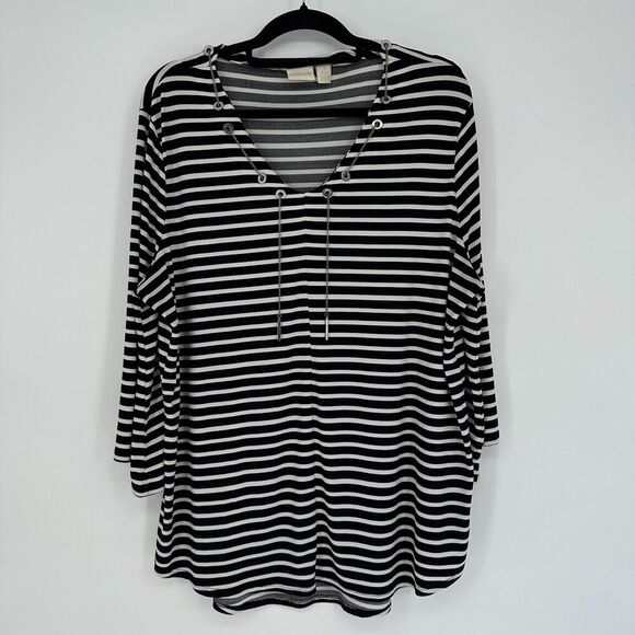 Chico's Tops - Chicos Womens Blouse Top Size 3 XL Black White Striped Chain Stretch Office Work